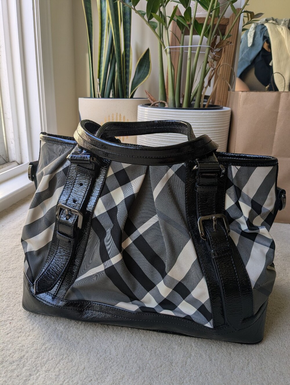 Burberry Black Beat Check Nylon Lowry Zip Tote Bag